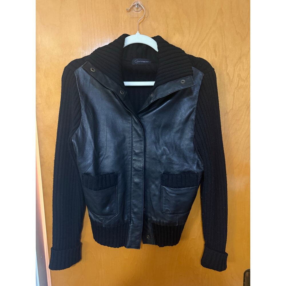 VINTAGE Y2K Context BCBGMAXAZRIA Black Leather & Merino Wool Knit Jacket Sz. S